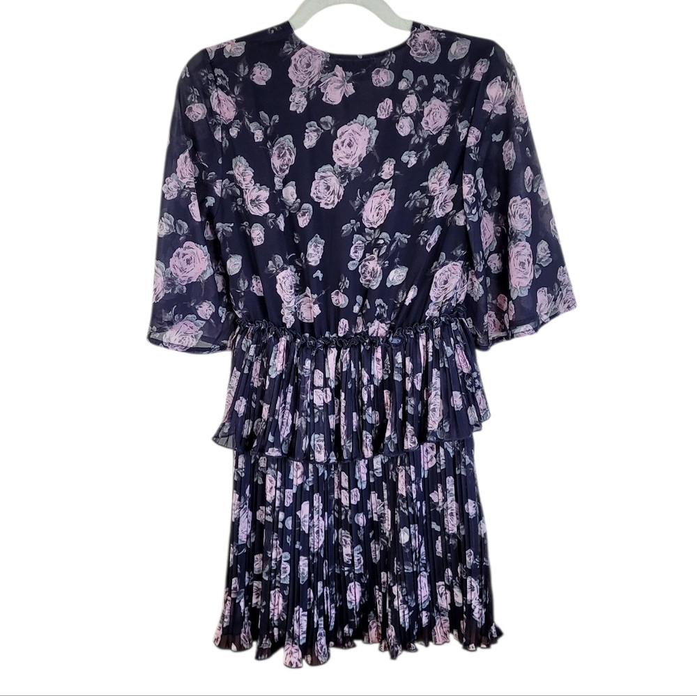 NWT GANNI Pleated Georgette V Neck Flounce Mini Dress In Phantom Floral Size 0 - Picture 8 of 14